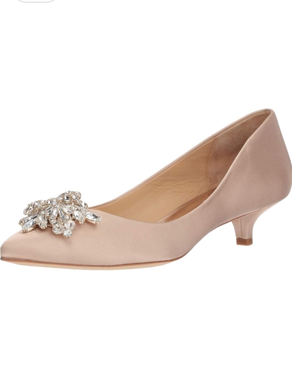 Badgley Mischka Blush Satin Pointed Toe Kitten Heel with Crystal Brooch
